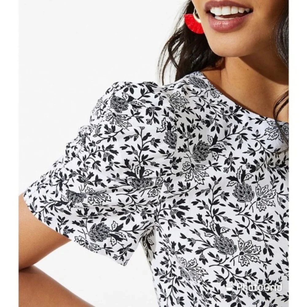 NWT LOFT Floral Ruched Short Sleeve Mini Shift Dress 14 - Picture 2 of 12